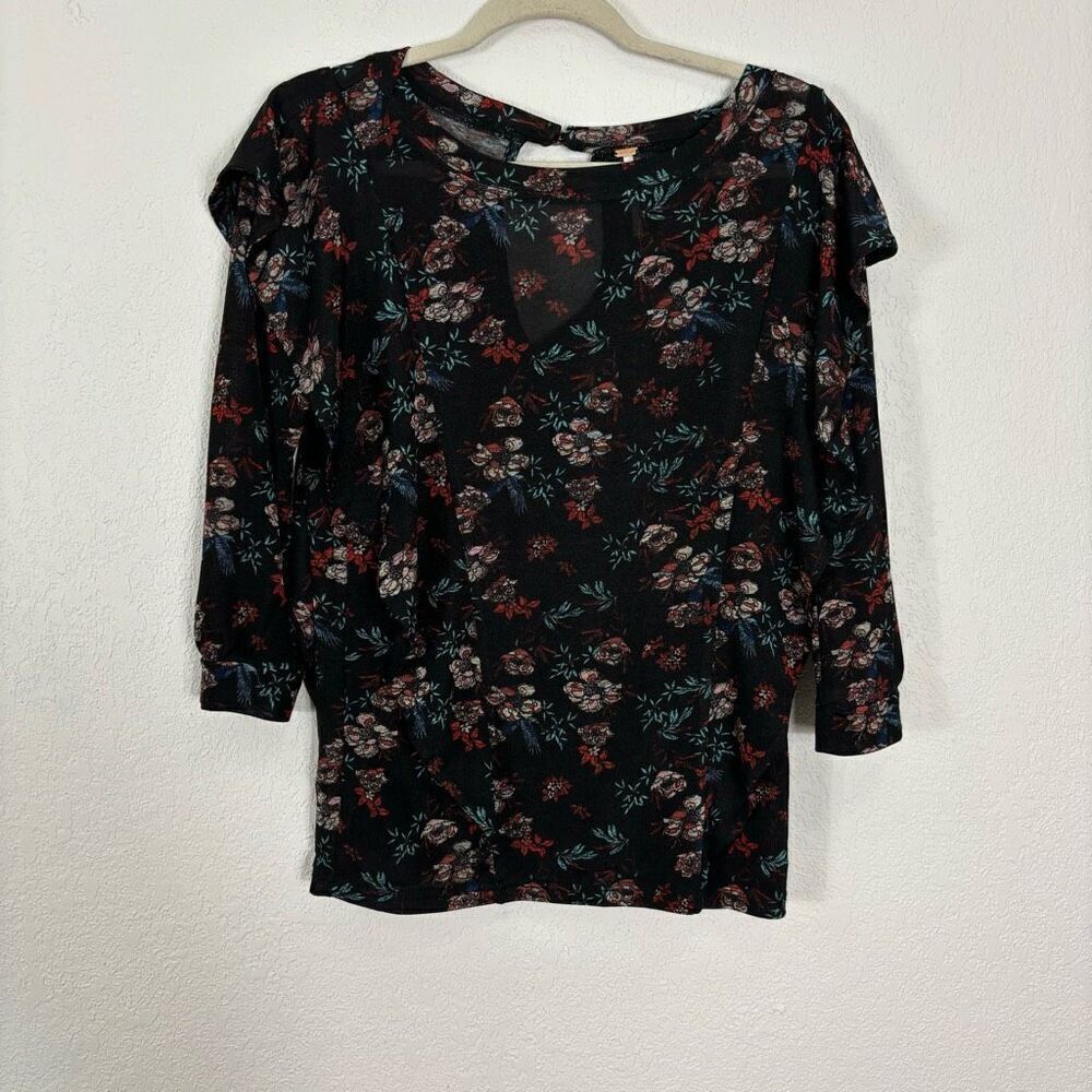 Free People Black with Pink & Red Vintage Floral Cap Sleeve 3/4 Length Sleeve S